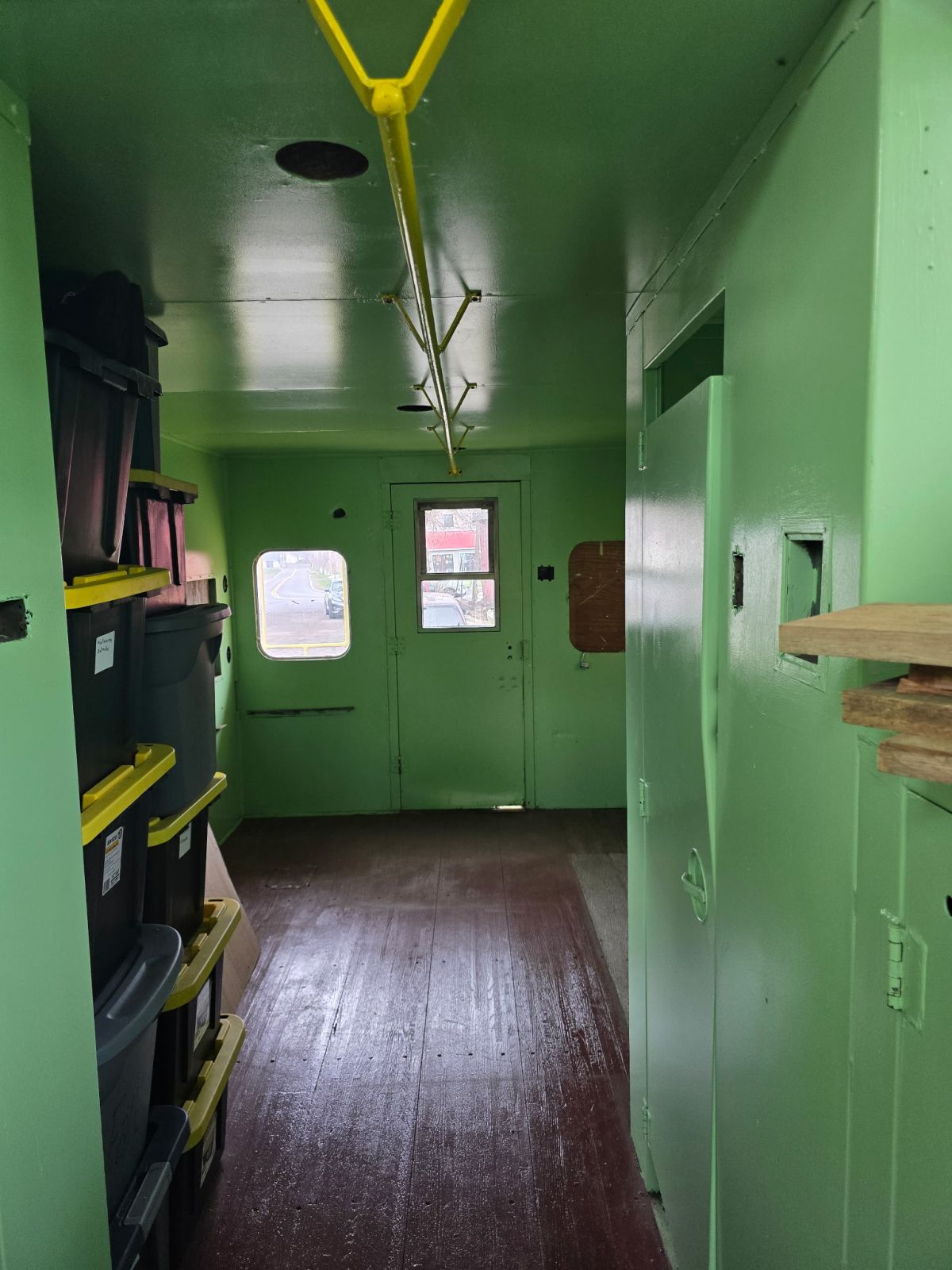 a room with a green door