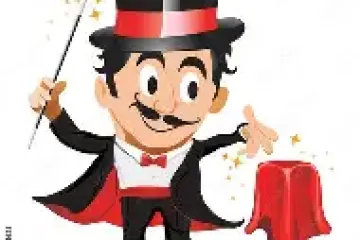 Cartoon magician with a top hat, wand, and red table covered in a cloth.